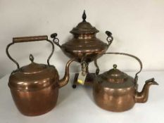 Two antique copper kettles together with copper samovar