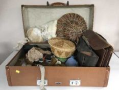 A mid twentieth century revelation luggage case, fur stole, leather satchels, lady's hats,