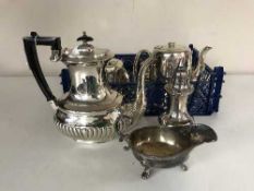 A crate containing a silver plated teapot and other plated wares (Q)