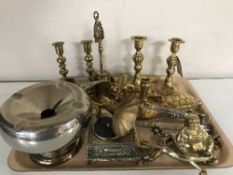 A tray of brass and metal ware - candlesticks, Buddha,