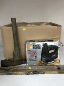 A box of Black & Decker jigsaw, wood working plane,