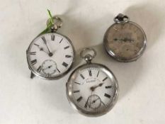 Three silver open faced pocket watches