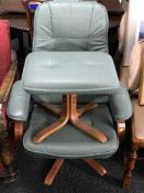 A swivel relaxer chair and stool in turquoise leather