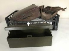 A crate of metal lock box, vintage bowls, tools, shoe shine box etc .