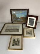 Six assorted framed pictures including oil on board - Fisherman in river signed Ginty,