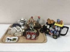 A tray of Ringtons teapot, Leonardo figures on wooden bases, two boxed oriental scent bottles,