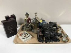 A tray of carved Eastern hardwood figures, Chinese finger bowls, crumb scoop,