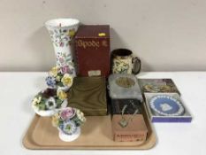 A tray of Minton vase, Spode vase, Wedgwood jasper ware, cutlery,