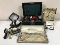 A box of vintage leather jewellery box of cuff links, brooch, badge, wrist watches,