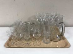 A tray of quantity of assorted lead crystal and etched drinking glasses