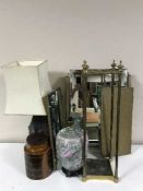 A brass stick stand, two horn handled walking sticks, dressing table mirror,