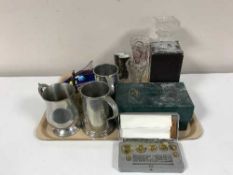 A tray of pewter tankards, crystal glass ware, Czechoslovakian glass dolphin,