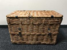 A wicker laundry hamper