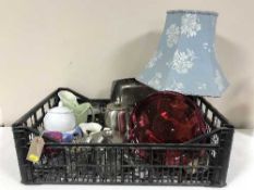Two baskets of china and stainless steel ware, part Colclough and Royal Stafford tea china,
