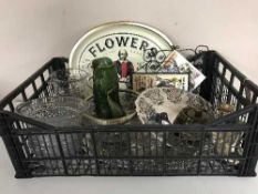 A box of Sheffield plated tray and dish, two Spanish plaques, candlesticks, studio pottery pot,