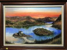 Dallas K Taylor : A castle by a lake, oil on board, signed, framed.