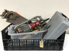 A basket of hand tools and a Performance electric sander