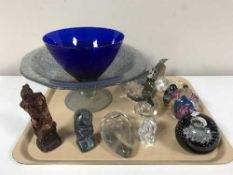 A tray of assorted glass ornaments, paperweights,