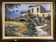 A mahogany framed signed layered oil painting - villa with sea beyond