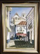 Two mahogany framed oils on canvas - Mediterranean Cafe and a cat on a windowsill