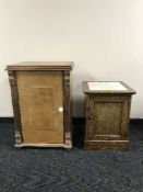 An oak tiled pot cupboard, sewing machine cabinet,