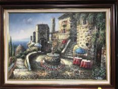 A mahogany framed signed layered oil painting - Village with sea beyond