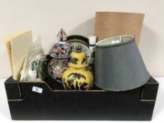 Singer hand sewing machine and a box of table lamps, oriental vases, linen,