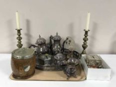 A tray of wooden & plated biscuit barrel, tea service on gallery tray, baby rattle,