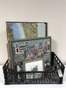 A box of nine needlework panels and oils