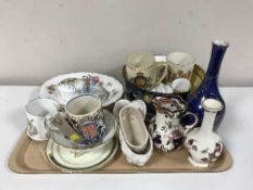 A tray of Shelley dish, Masons & Crown Devon vases, commemorative mugs, two Spanish ducks,