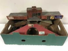 Two boxes of train track accessories, train magazines, war books,