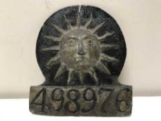 A cast iron Sun Insurance plaque policy number 498976