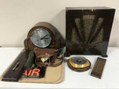 A walnut cased valve radio, tray of mantel clock, barometers, torch, vintage wooden rule,