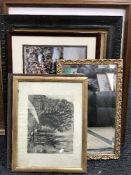 A gilt framed mirror and five assorted framed etchings and prints