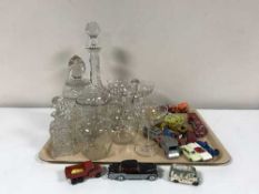 A tray of glass ware - decanters,