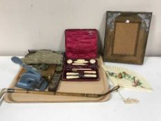 A tray of bone handled riding crop, drawing instruments, weights, pill boxes, Art Deco photo frame,