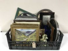 A box of pictures and prints - oils on board, still life, relief panel,