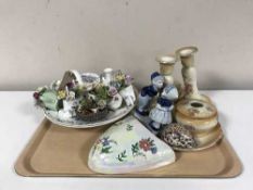 A 20th century Imari vase on stand and a tray of Maling pieces, Leonardo figures,