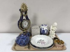 A tray of Victoria & Albert Museum Marie Antoinette mantel clock, Ringtons chintz teapot,