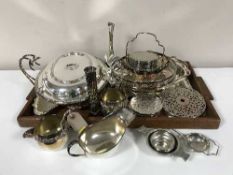 An oak twin handled tray and a quantity of plated ware