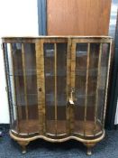A shaped walnut double door display cabinet