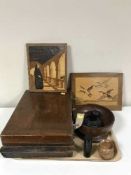 A tray of two marquetry panels, leather case, box of artist's tools,