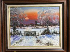 Dallas K Taylor : A winter landscape with village beyond, oil on board, signed, framed.