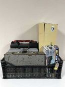 A box of Powercraft angle grinder, watering can, Powercraft multi tool,