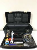 A Stanley mobile work centre and two plastic tool boxes of hand tools