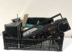 Two boxes of radios, projector, printer,