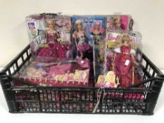 A basket of seven assorted boxed Barbie dolls
