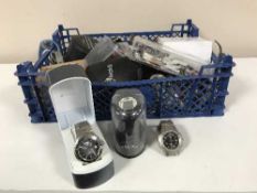 A crate containing a quantity assorted lady's and gents wristwatches