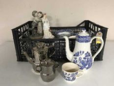 Three baskets of tea china, glass ware, continental figures,