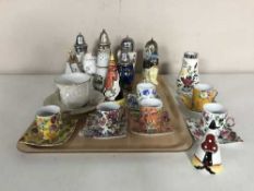 A tray of miniature cups and saucers, Crown Devon sugar sifter and others,
